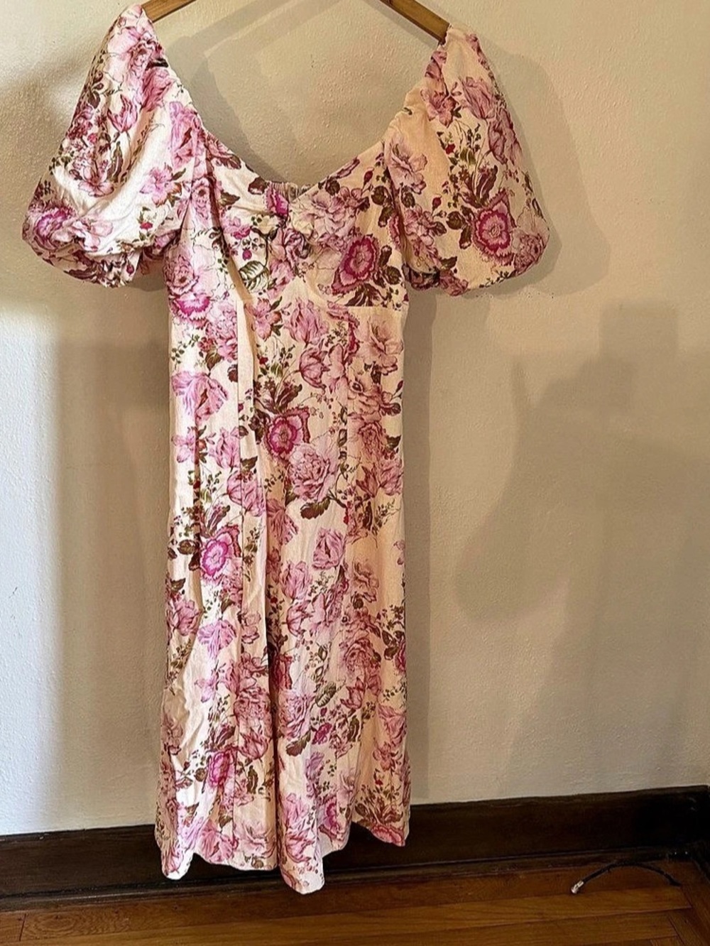 AVEC LES FILS Floral Puff Sleeve Midi Dress Pink Size 8 Like New